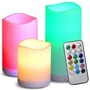 LED RGB žvakės su nuotolinio valdymo pulteliu, 3 vnt., 12 spalvų